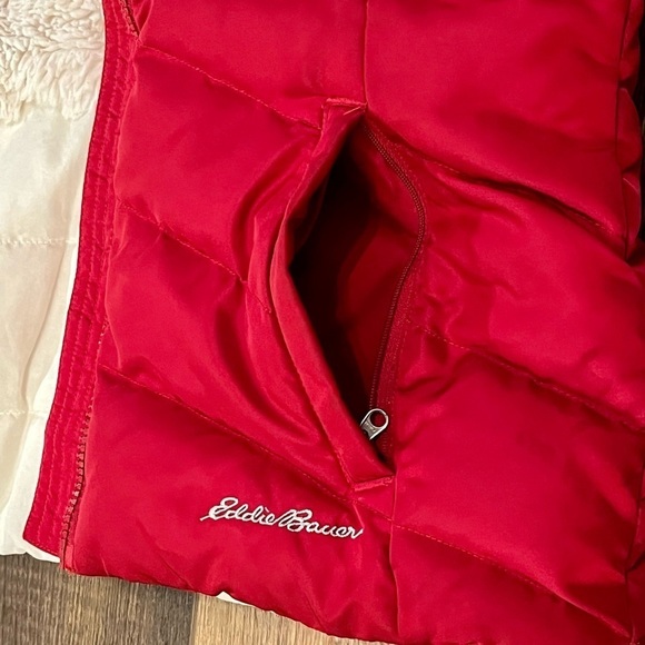 EDDIE BAUER Puffer Vest Goose Down Sherpa Gray Red Quilted Zip Jacket Womens XS - Picture 9 of 13